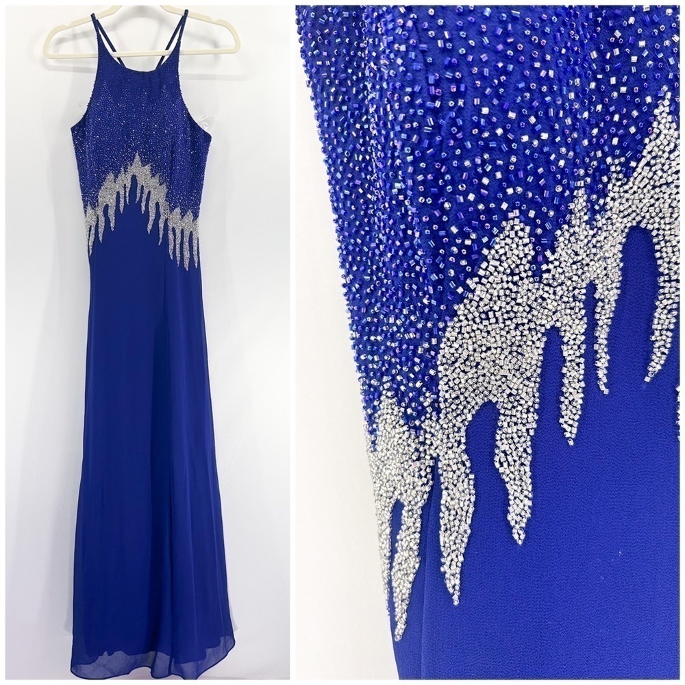 ASPEED blue hand beaded maxi gown sleeveless fit and flare size x-small